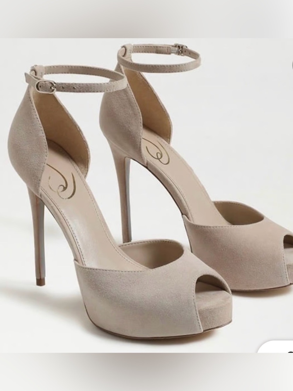 Sam Edelman Florencia Beige Suede Peep-Toe Ankle-Strap Stilettos, Sz 9.5